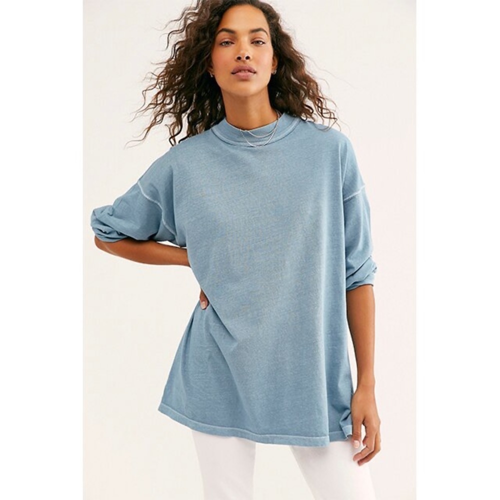 Free People We The Free Tunic Tee Blue Slouchy Mock Neck Long Sleeve Small